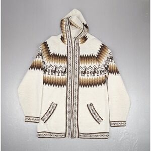 Celitas‎ Alpaca Sweater Mens Med Brown Hooded Full-Zip Animal Print Made In Peru